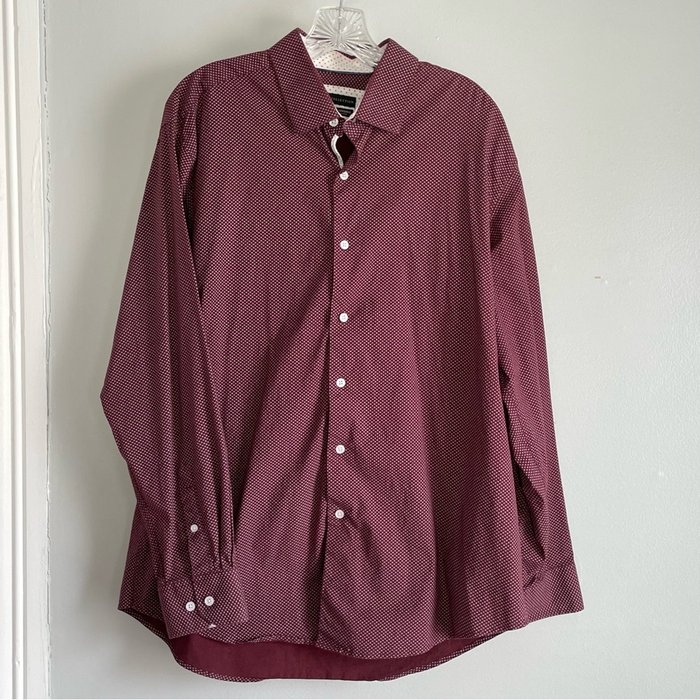Report Collection Men's Burgundy Maroon Button-Up Shirt Pinpoint 17” 34/35
